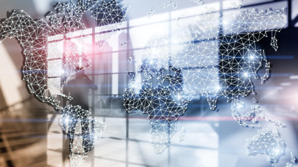 Global World Map Double Exposure Network. Telecommunication, International business Internet and technology concept.