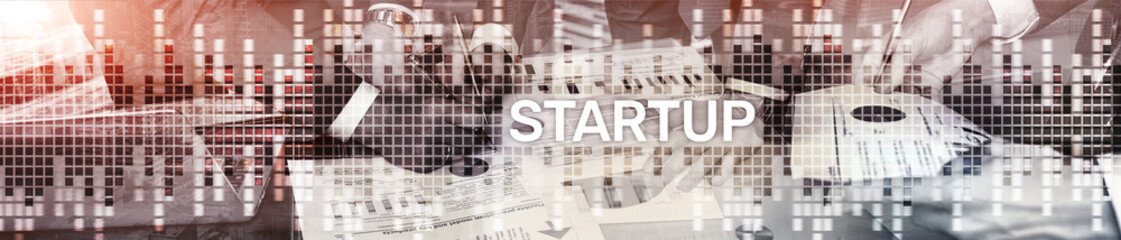 Startup concept with double exposure diagrams blurred background. Website header banner.