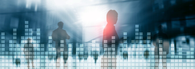 Financial chart on blurred skyscraper office background.