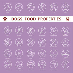 Dog's food properties icon set, vector. Thine line icons. Editable lines, EPS 10. Veterinarian properties. Meat symbols: fish, chicken, turkey, lamb and beef icons