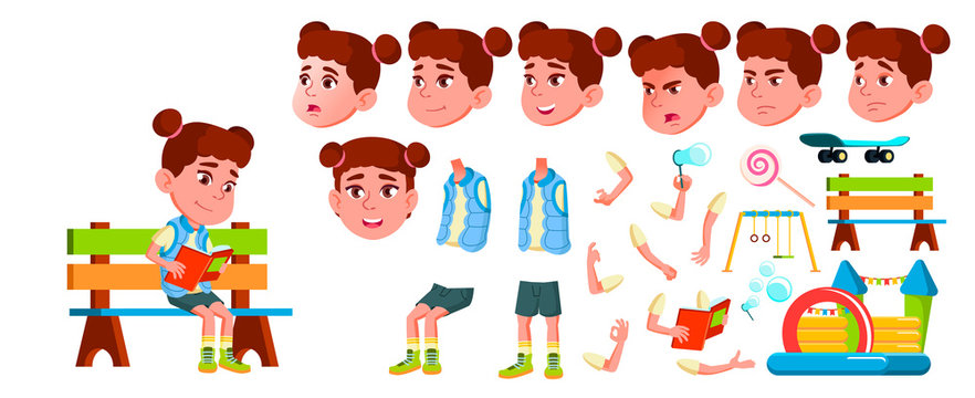 Girl Kindergarten Kid Vector. Animation Creation Set. Face Emotions, Gestures. Friendly Little Children. Cute, Comic. For Presentation, Print Invitation Design. Animated. Isolated Cartoon Illustration