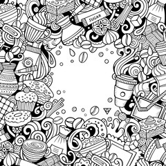 Cartoon vector doodles Coffee frame. Sketchy Cafe funny border