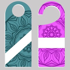 Set of door hangers isolated on white background. Door hanger with floral mandala ornament. Vector illustration