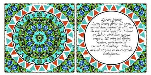 Invitation or Card template with floral mandala pattern. The front and rear side. Vector illustration