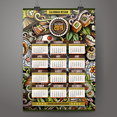 Cartoon colorful hand drawn doodles Japanese food 2019 year calendar template