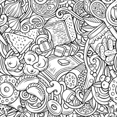 Cartoon cute doodles hand drawn Russian food seamless pattern