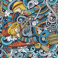 Winter sports hand drawn doodles seamless pattern. Ski resort ba