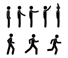 man raises his hand, movement and poses, stick figure man icon