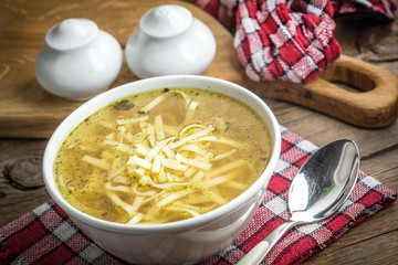 Broth - chicken soup in a bowl.