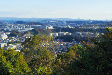 横浜市金沢区の街並み、遠景に八卦島や東京湾を望む