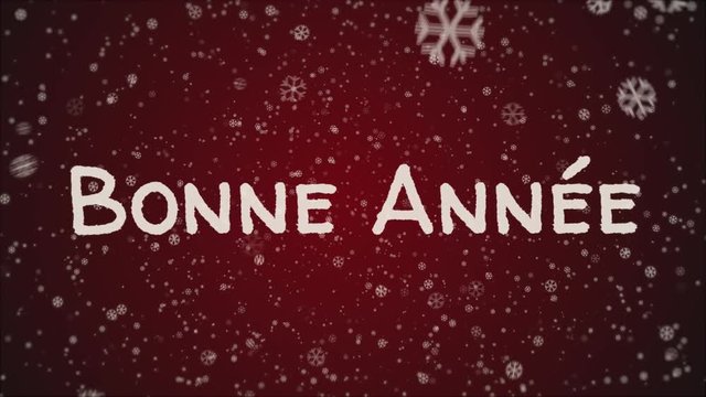 Animation Bonne Annee, Happy New Year in French language, greeting card, falling snow, red background