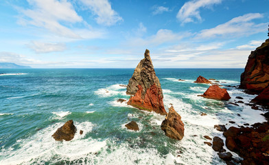 Colorful volcanic rock formations on Ponta de Sao Lourenco peninsula, Pedra Furada, Madeira island, Portugal