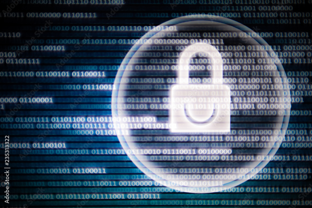 Poster cyber security. white light padlock icon on led computer screen monitor display. blue and green colors with binary code moving motion from left to right.