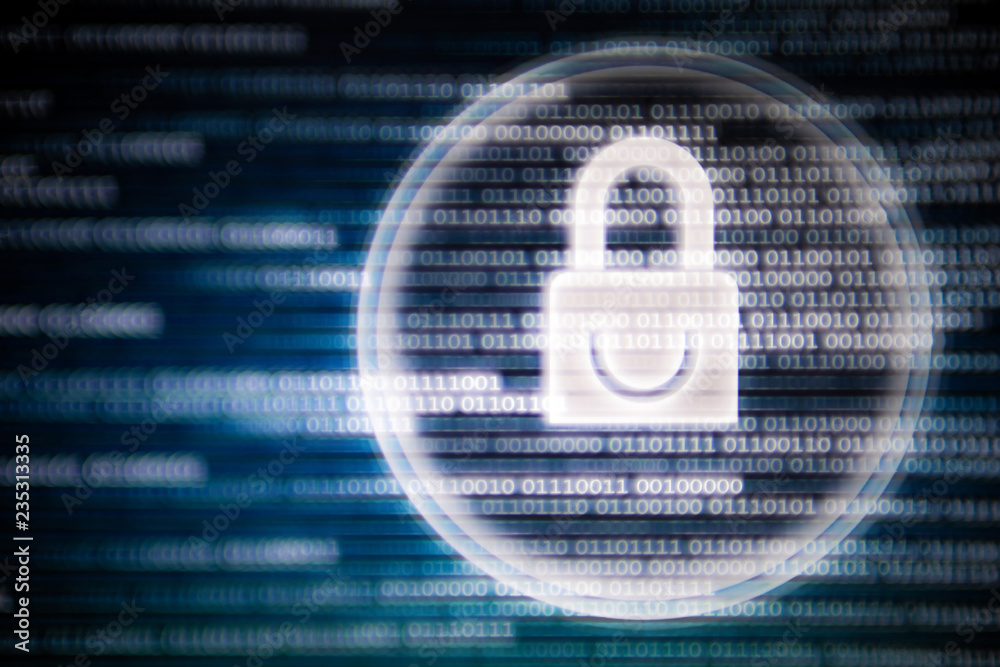 Poster cyber security. white light padlock icon on led computer screen monitor display. blue and green colors with binary code moving motion from left to right.