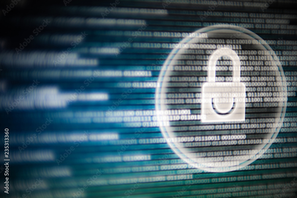 Poster cyber security. white light padlock icon on led computer screen monitor display. blue and green colors with binary code moving motion from left to right.