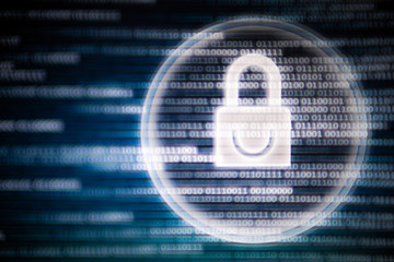 cyber security. white light padlock icon on led computer screen monitor display. blue and green colors with binary code moving motion from left to right.