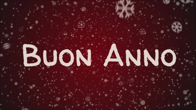 Animation Buon Anno, Happy New Year in italian language, greeting card, falling snow, red background