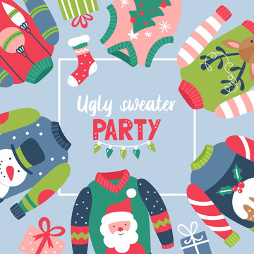 Christmas holiday cute ugly sweater party invitation design.