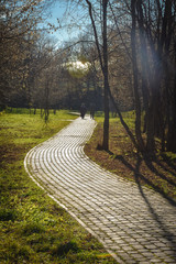 Walkway of paving stones in the park in the sunlight, people walking along the path