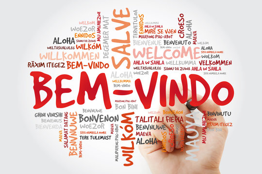 Bem-Vindo (Welcome in Portuguese) word cloud with marker in different languages, conceptual background