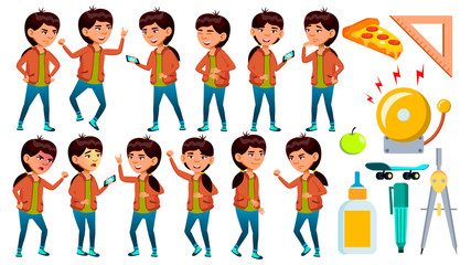 Fototapeta premium Asian School Girl Poses Set Vector. Schoolchild. Funny, Friendship, Happiness Enjoyment. For Web, Poster, Booklet Design. Isolated Cartoon Illustration