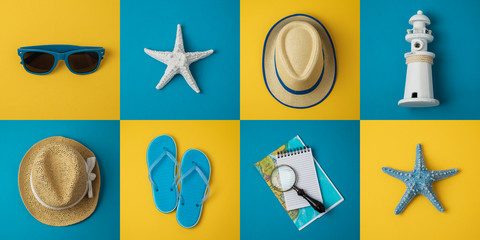 Travel holiday vacation minimal concept with beach items.