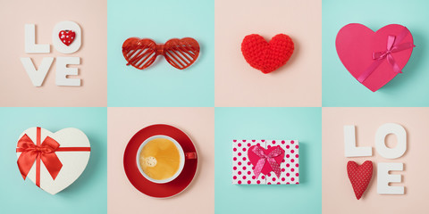 Valentines day minimal concept  with heart shape, gift box and coffee cup