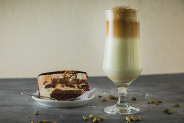 Sweet milkshake drink with chocolate cake. Tasty delicious desserts