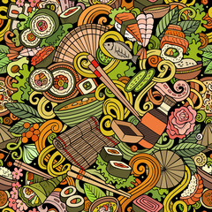 Cartoon cute doodles hand drawn Japan Food seamless pattern