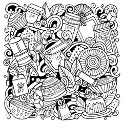 Cartoon vector doodles Tea illustration. Cafe funny picture