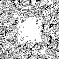 Cartoon vector doodles Tea time frame. detailed, with lots of objects background