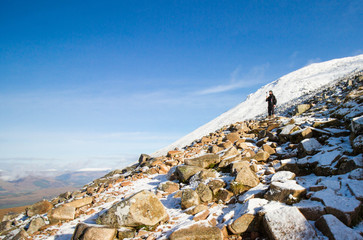 Hiking Ben Nevis in Scotland, Great Britain's highest mountain, on a sunny winter day 
