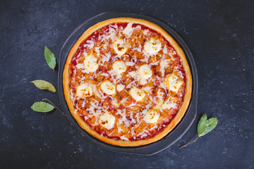 pizza mozzarella with cheese and tomatoes on a dark background