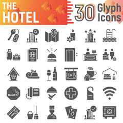 Hotel glyph icon set, service symbols collection, vector sketches, logo illustrations, hostel signs solid pictograms package isolated on white background.