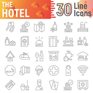 Hotel thin line icon set, service symbols collection, vector sketches, logo illustrations, hostel signs linear pictograms package isolated on white background.