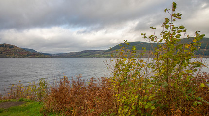 View over Scotland's famous lake Loch Ness during late autumn