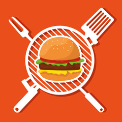 hamburger food in the grill with slice and fork utensils