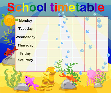 School timetable with marine themes, table, underwater world