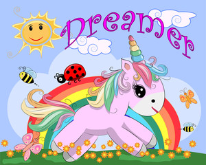 Pink unicorn on a meadow with flowers, rainbow, sun. Child illustration, fairy-tale character, dreamer