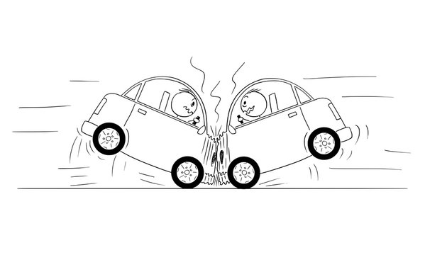 Cartoon stick drawing conceptual illustration of two cars frontal head-on crash accident.