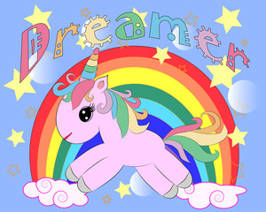 Fototapeta premium Unicorn vector illustration drawing with rainbow writing Dreamer. Unicorn's head cartoon, isolated on white background.