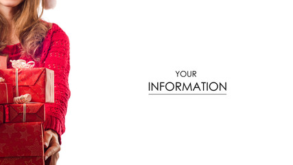 Young beautiful woman in hands holding a holiday boxes gift Christmas New Year pattern on white background isolation