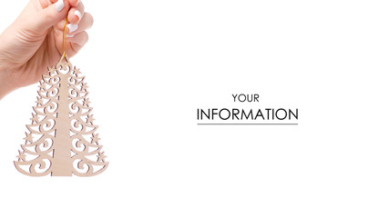 Christmas decoration wooden Christmas tree in hand pattern on a white background isolation