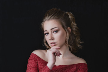 Fashion model red dress, elegant woman in sexy evening dress, portrait of beautiful Studio girl shot on black background