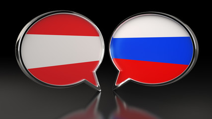 Fototapeta premium Austria and Russia flags with Speech Bubbles. 3D illustration