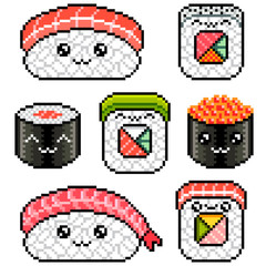 Pixel cute sushi rolls set detailed illustration isolated vector