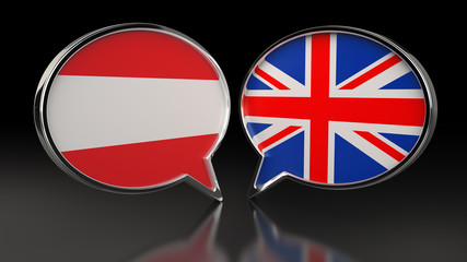 Austria and United Kingdom flags with Speech Bubbles. 3D illustration