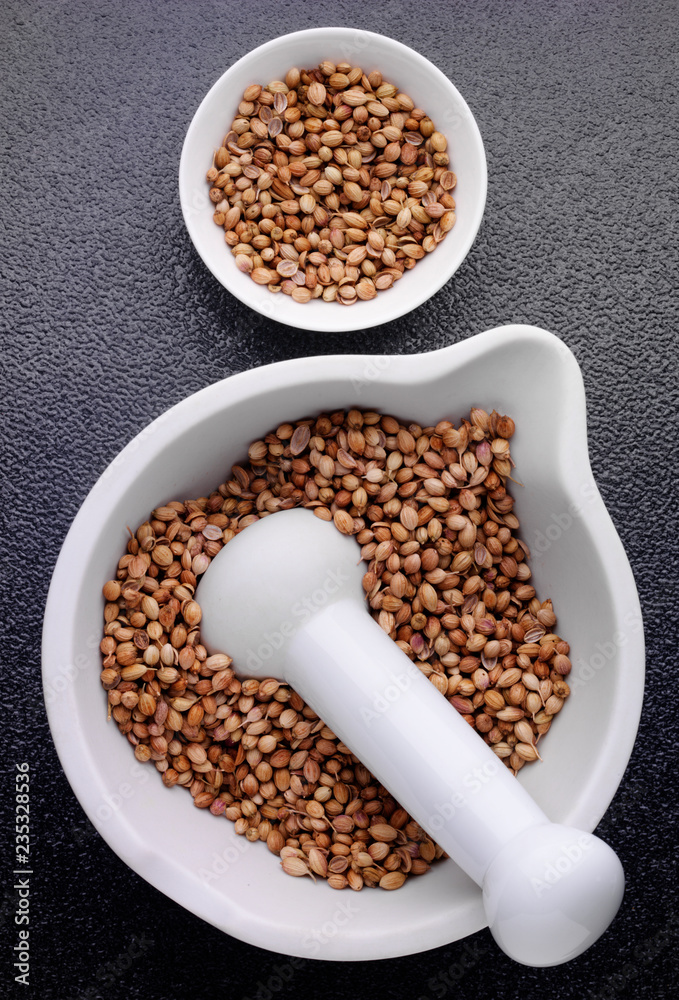 Wall mural coriander seeds in pestle and mortar