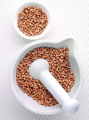 CORIANDER SEEDS IN PESTLE AND MORTAR