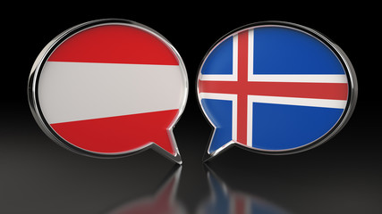 Austria and Iceland flags with Speech Bubbles. 3D illustration
